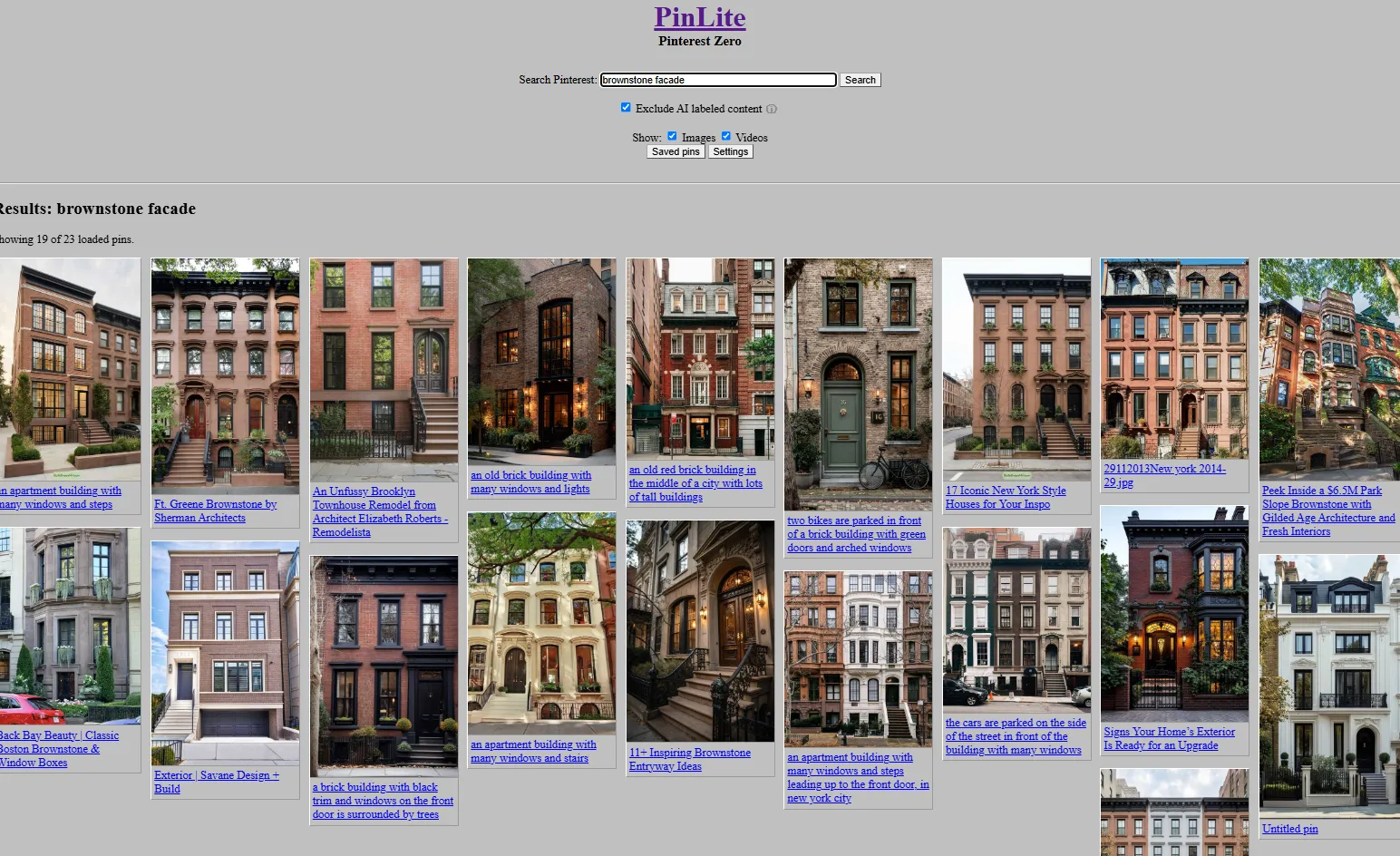 screenshot of PinLite, a skin of pinterest that's just taken away all the bs and only shows the images, on a grey web 1.0 background