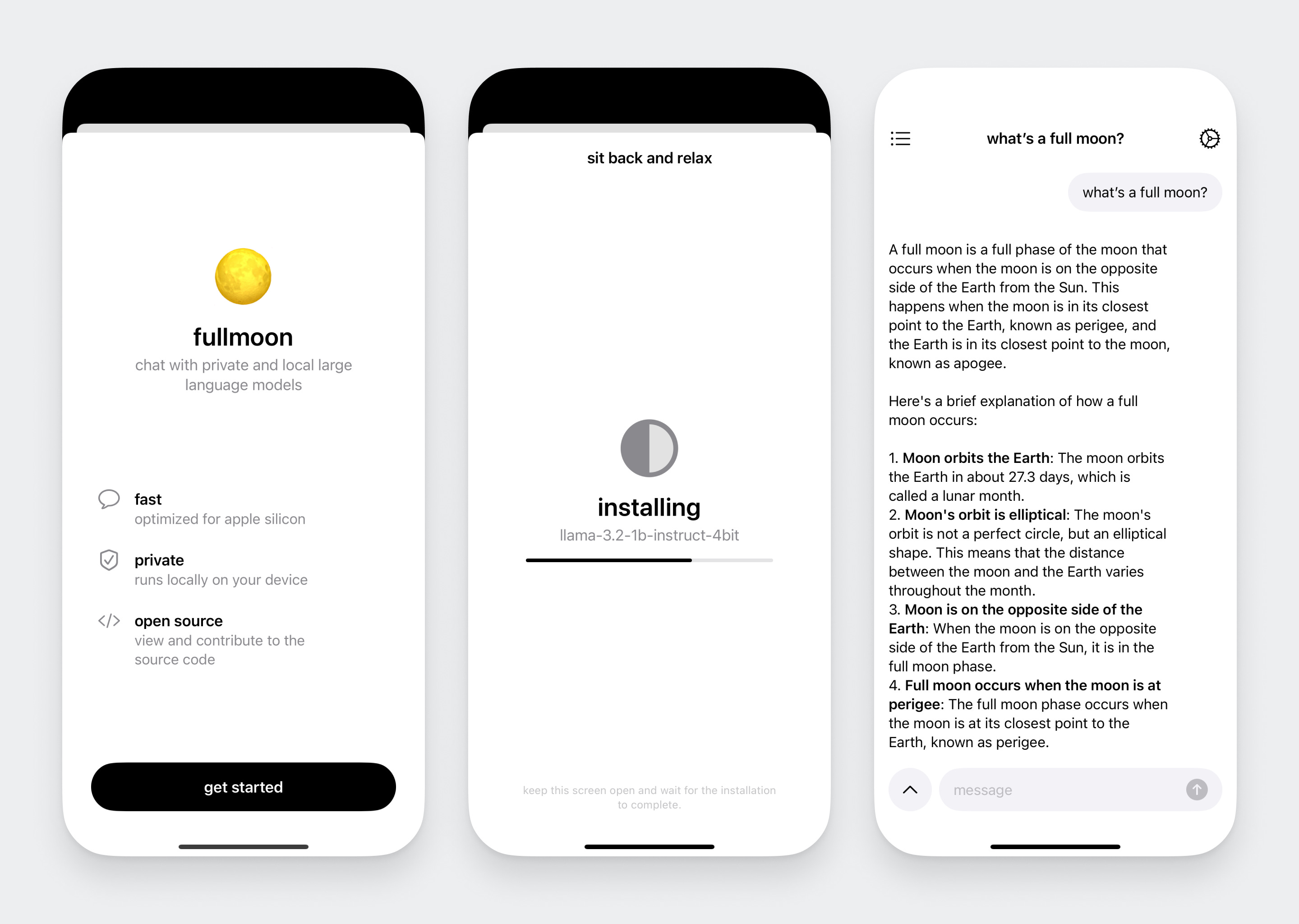 Fullmoon AI LLM Llama iOS App Screenshots - A visual representation of the app's interface. Fullmoon AI LLM Llama iOS App Screenshots